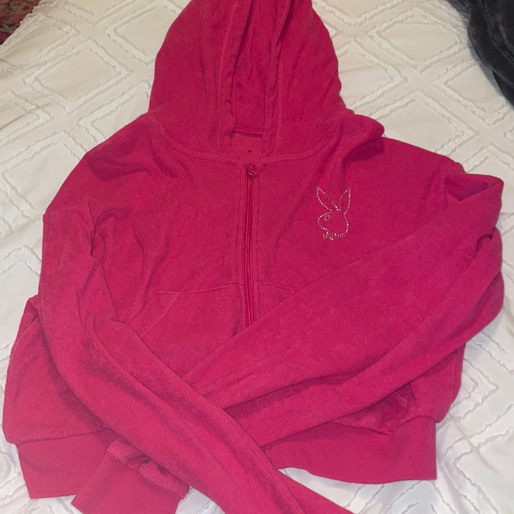 Hot Pink Playboy Cropped Zip Up Hoodie